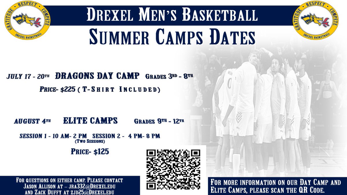 We're happy to announce our summer camp dates. ☀️🏀 Join us July 17-20 (3rd-8th graders) or August 4th (9th-12th graders). Scan the QR code below for additional info. #FearTheDragon 🐉
