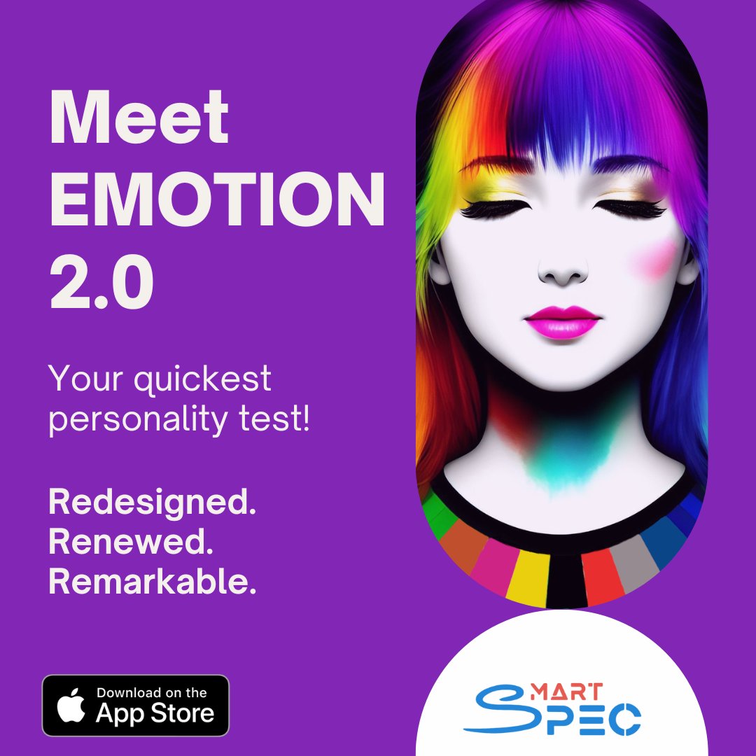 MartspecCom's tweet photo. Introducing Emotion 2.0: Your Quickest Personality Test!

Redesigned. Renewed. Available now!
Don’t wait to discover your true self with Emotion 2.0

#Emotion #PersonalityTest  #DownloadNow #Martspec https://t.co/AJruVQRCo8