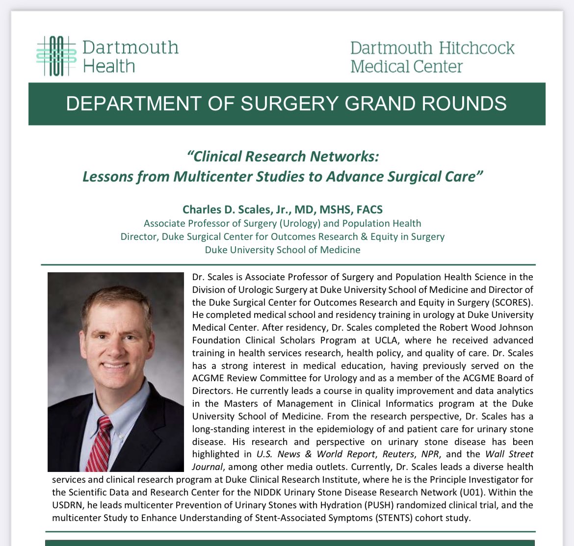 Dartmouth Urology (@dartmouthuro) on Twitter photo On a scale of 1-10, having Dr. Scales as our visiting professor was an 11 ✨ Thanks for sharing your insight on kidney stones and research tips with the Urology team and at the Department of Surgery Grand Rounds!
<a href="/ChuckScalesMD/">Chuck Scales</a>
<a href="/DukeUrology/">Duke Urology</a>
<a href="/DukeUroRes/">Duke Urology Residency Program</a>
#urology #kidneystones On a scale of 1-10, having Dr. Scales as our visiting professor was an 11 ✨ Thanks for sharing your insight on kidney stones and research tips with the Urology team and at the Department of Surgery Grand Rounds!
<a href="/ChuckScalesMD/">Chuck Scales</a>
<a href="/DukeUrology/">Duke Urology</a>
<a href="/DukeUroRes/">Duke Urology Residency Program</a>
#urology #kidneystones