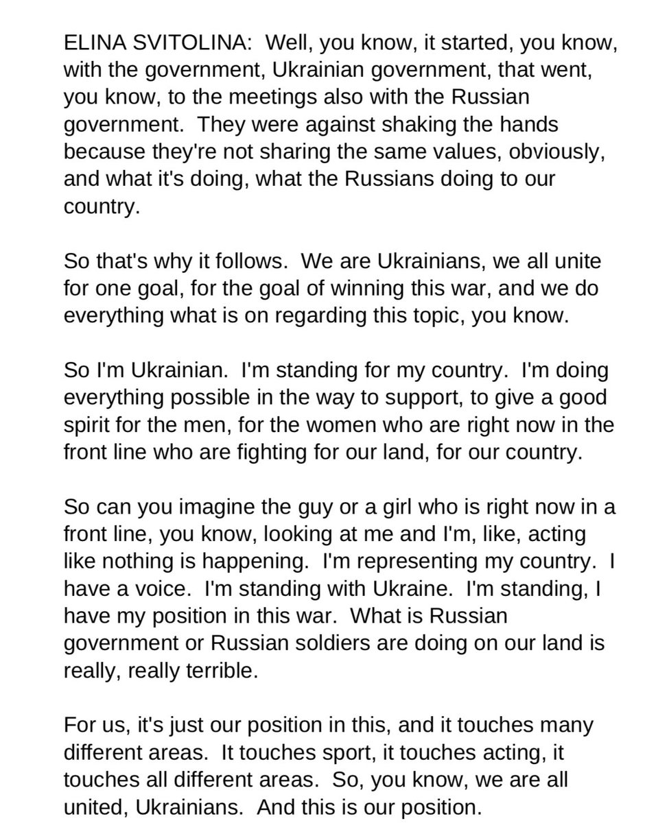 Elina Svitolina explains why she doesn’t shake hands with Russians and Belarusians.