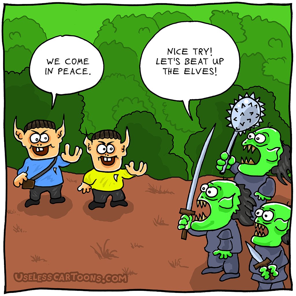 🇺🇸 🇬🇧 🇨🇦  Cartoon 14: The wrong elves

#cartoon #comic #fun #funny #startrek #lotr #lordoftherings #fantasy #scifi #elves #confusion #followback #followforfollow #followforfollowback #uselesscartoons uselesscartoons.com