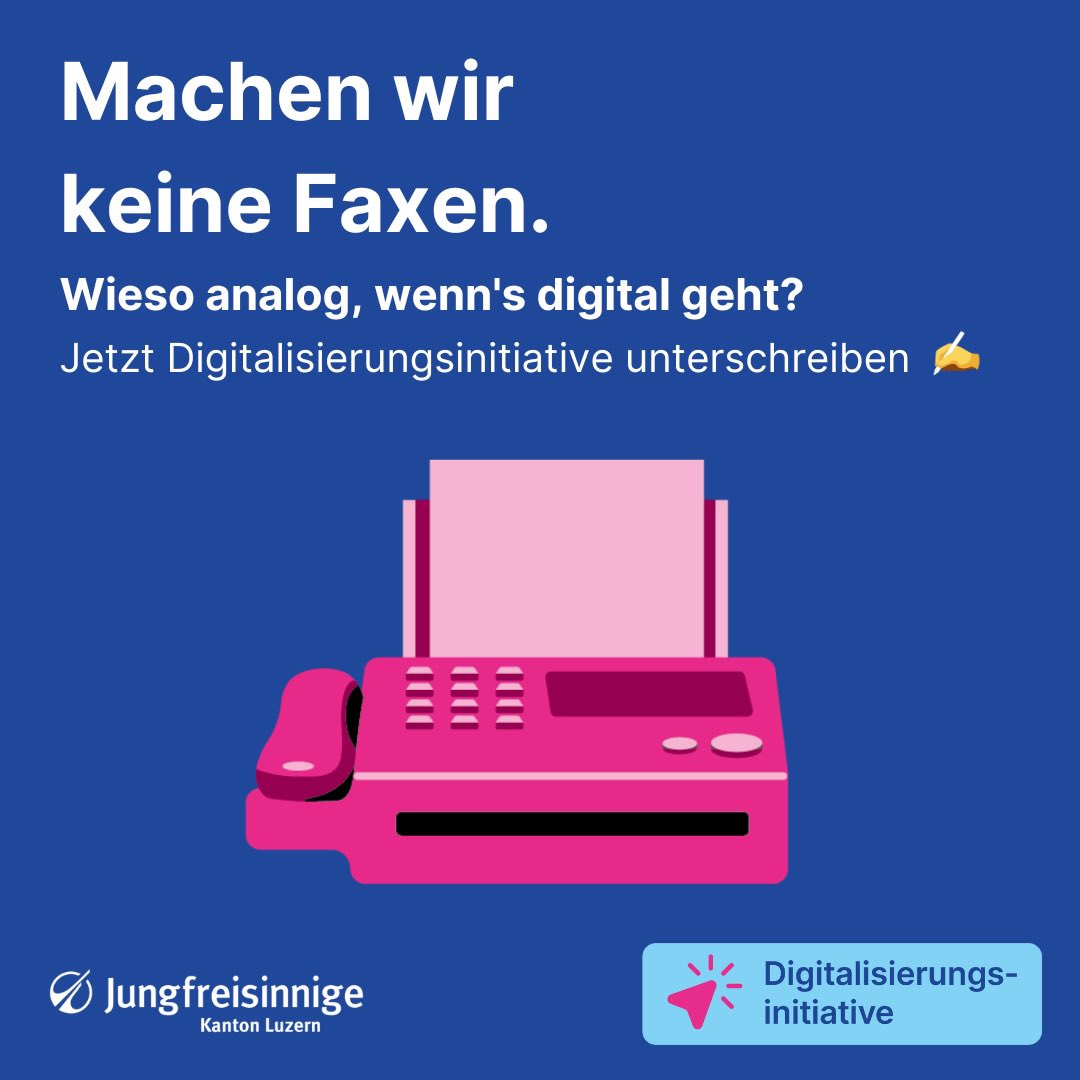 Es ist es soweit! 🤩🥳

Die Jungfreisinnigen Luzern lancieren die Digitalisierungsinitiative und fordern, dass der Kanton und die Gemeinden ihre Aufgaben wann immer möglich digital erfüllen (digital first). 💻🛜

#digitalisierungsinitiative