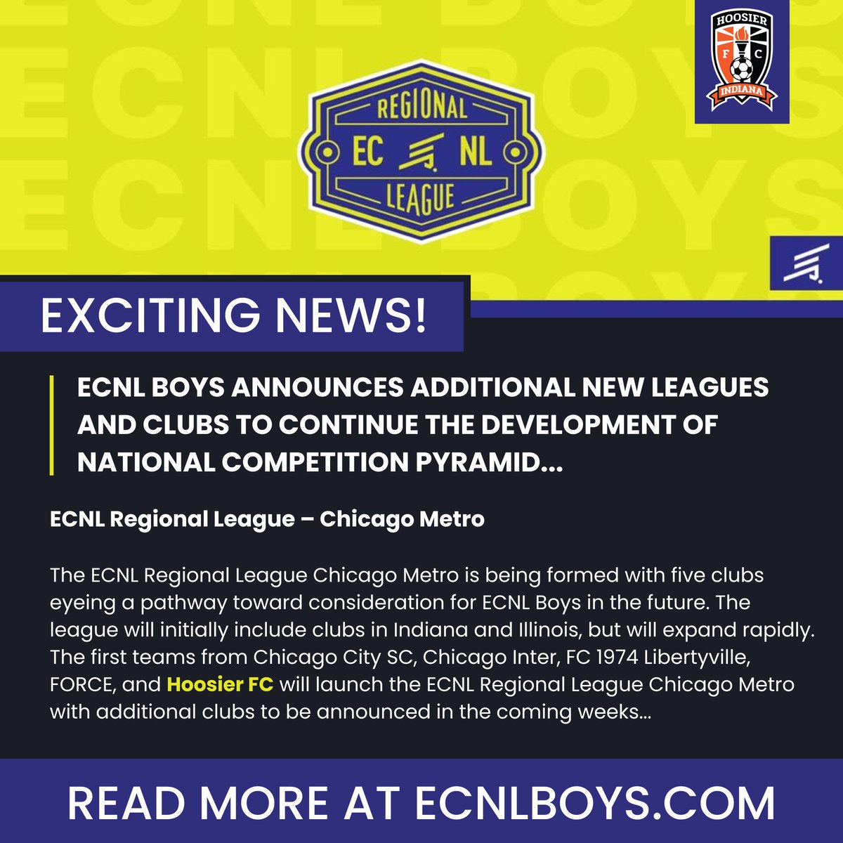 ❗Exciting news from Hoosier FC❗

➡️ Offering an additional pathway to its players through the ECNL Boys Regional League. Read more at rb.gy/yg0u1

#itsahoosierthing #hoosierfc #hoosierfutbolclub #indianasoccer #indianayouthsoccer