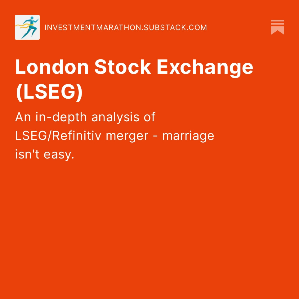 Please see link on my bio to read an in depth review of London Stock Exchange Group ($LSEG), following its $29bn merger with Refinitiv. 
A summary of my findings can be found in the thread below 👇