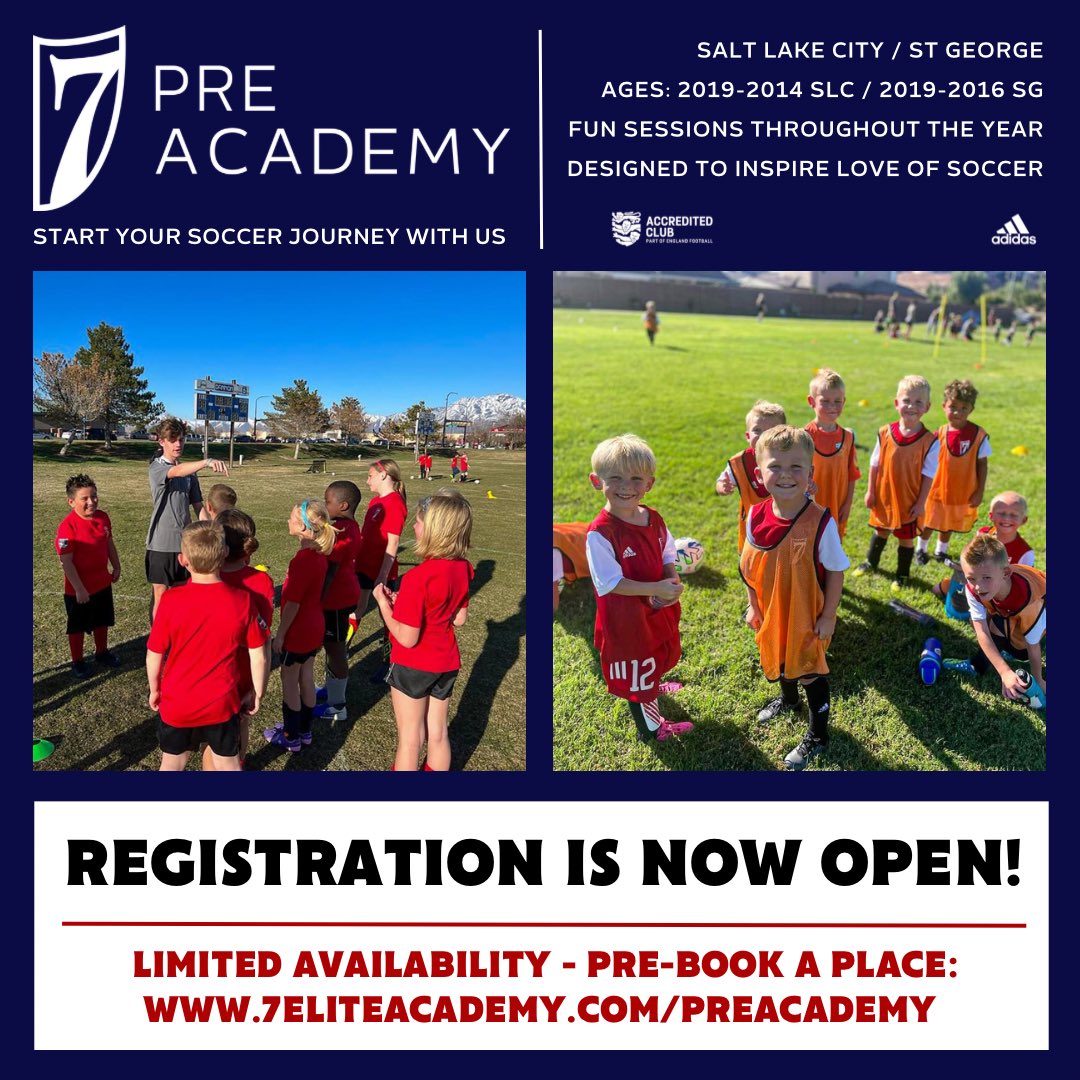 PRE ACADEMY 🇺🇸🇬🇧🇹🇿 Is your child too young for #7Tryouts? 🧐

Our 23/24 season #PreAcademy is open for registration! ✍️

Open to players born 2019-2016 in SG and 2019-2014 in SLC 👋

REGISTER ⬇️
7eliteacademy.com/preacademy

#7EliteAcademy | #IAmRed | #PlayerPathway | @UtahYouthSoccer