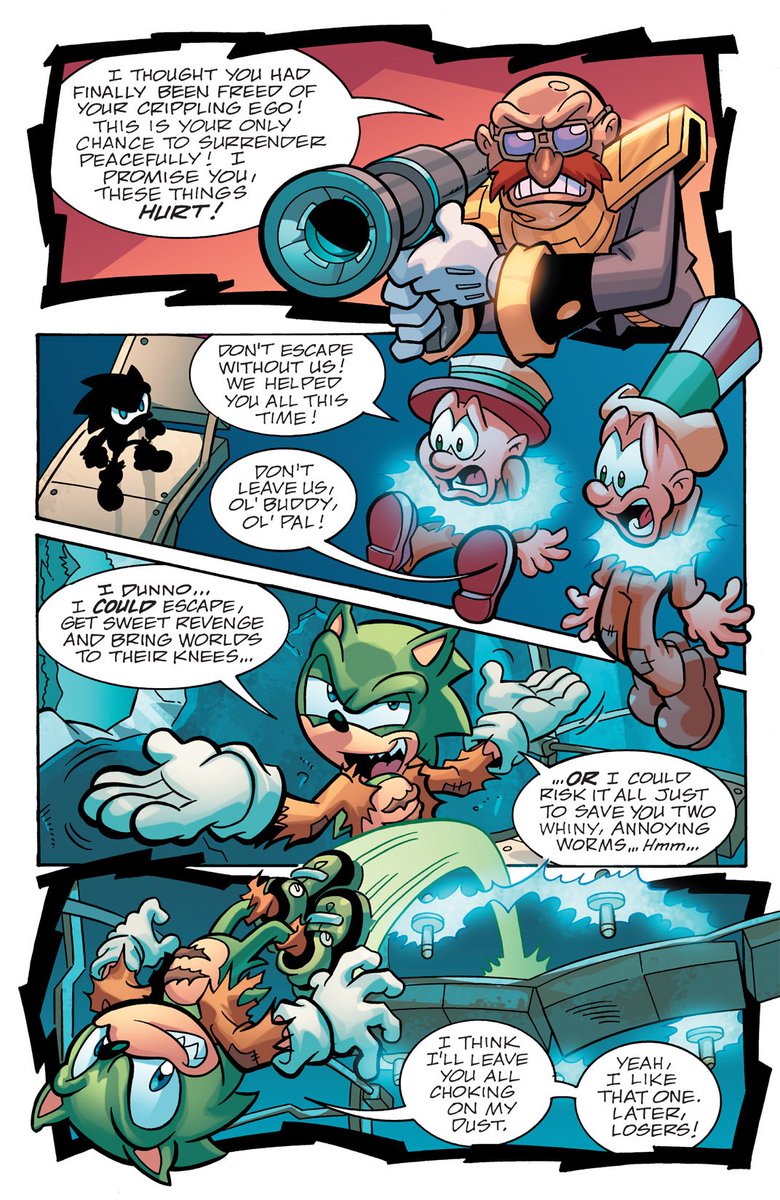 From Sonic Universe Issue 32 by Ian Flynn and Tracy Yardley #ArchieSonic #SonicTheHedgehog #ScourgeTheHedgehog #Sonic #Scourge
Don't try to be Scourge's friend. Trust me.