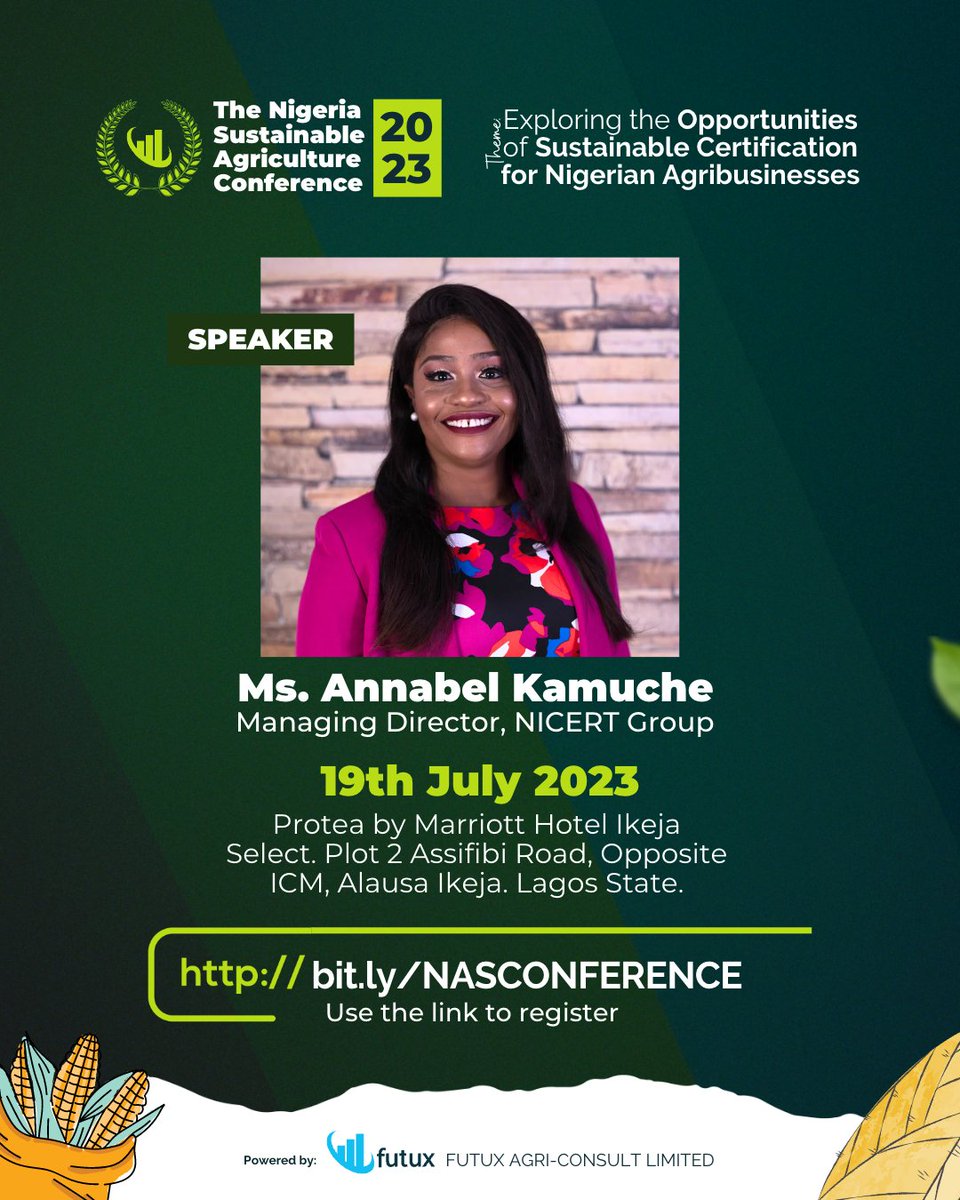Meet our speaker.

Ms. Annabel Kamuche 

Visit our conference website to learn more about the conference on our website
bit.ly/FUTUXSUMMIT

Below is the registration link for interested participants.
 bit.ly/NASCONFERENCE

#sustainablepractices