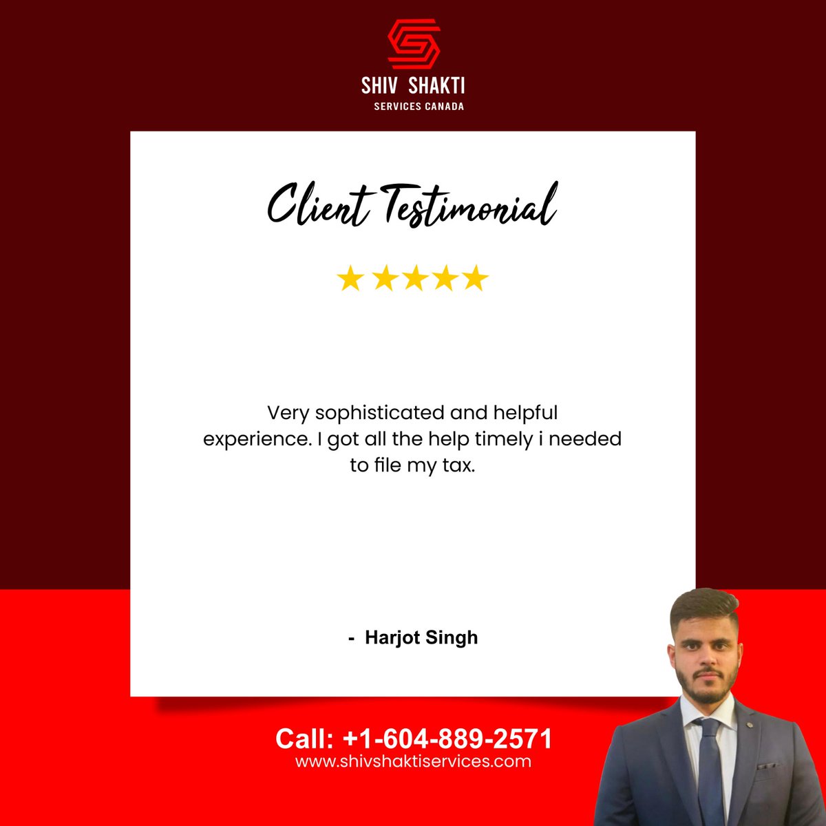 Have a look at the Client Testimonial for Shiv Shakti Services by Harjot Singh. 

Looking for the best Tax Filing Services in Surrey BC or nearby locations?
Call: +1-604-889-2571 

#ClientTestimonials #ShivShaktiServicesCanada #TaxFilingCanada #ClientDiaries #TaxFilingServices