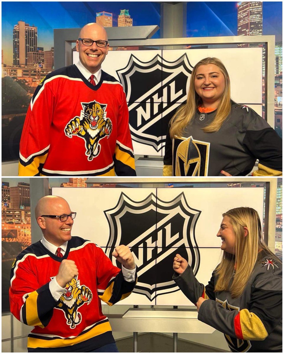 MichaelSeger's tweet photo. Battle for the Stanley Cup!!! @KJRH2HD 

I’m a @FlaPanthers fan, while @_anslee is a @GoldenKnights fan!!

Let’s Go Panthers!!! 😼😼

#TimeToHunt  #StanleyCup #StanleyCupFinals https://t.co/iMdVQUat93