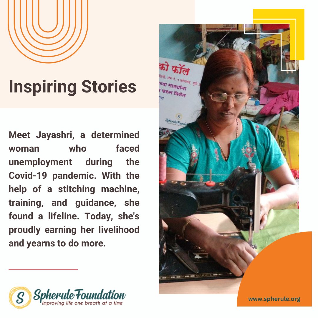 SpheruleNGO's tweet image. Meet Jayashri, a determined woman who faced unemployment during the Covid-19 pandemic. With the help of a stitching machine, training, and guidance, she found a lifeline. 
#WomenEmpowerment #CovidComeback #SpheruleFoundation