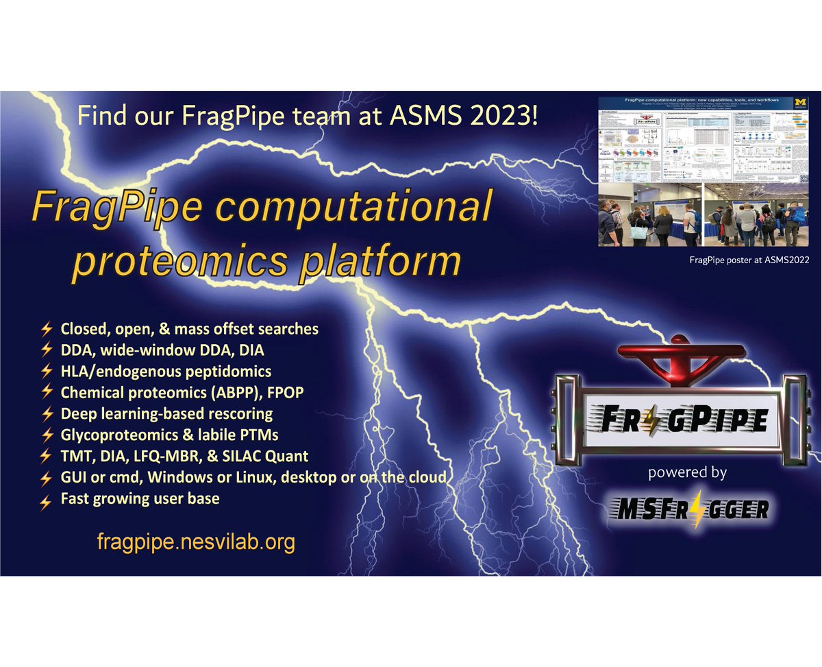 nesvilab's tweet photo. #FragPipe 20 has been released, as well as updates to MSFragger, IonQuant, Philosopher and other tools. Thanks to all our (many!) users and collaborators for continuous support and feedback. Release notes: https://t.co/SkLoNsE4h8. Heading to #ASMS2023 now, hope to see you there! https://t.co/HO1ijTZ2tp