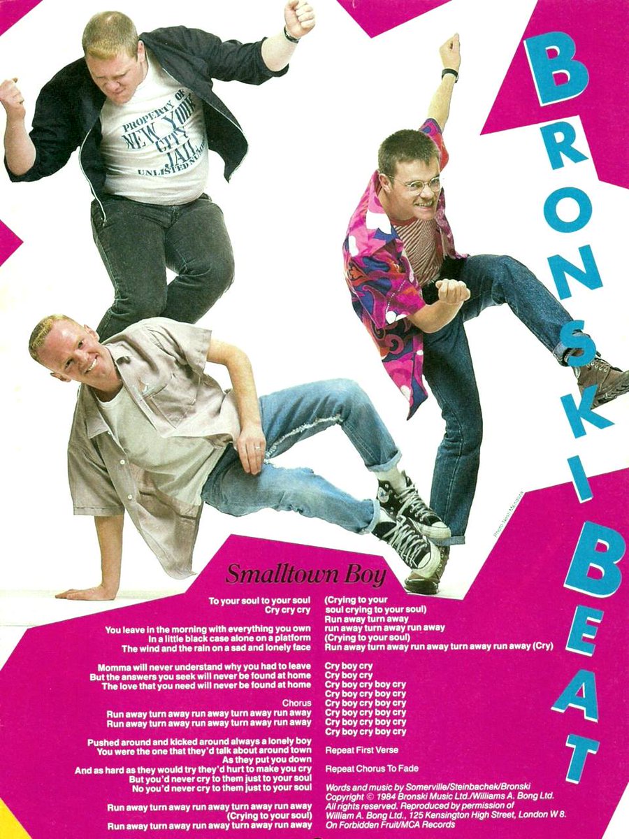 #OnThisDay in 1984, #SmalltownBoy first charted on the Official UK Singles Chart. It went onto peak at No.3 on 23rd June 1984. Here are the lyrics, just in case you don't know them! Who are we kidding! ❤️
Listen to the ultimate #BronskiBeat classic: bronskibeat.lnk.to/smalltownboy