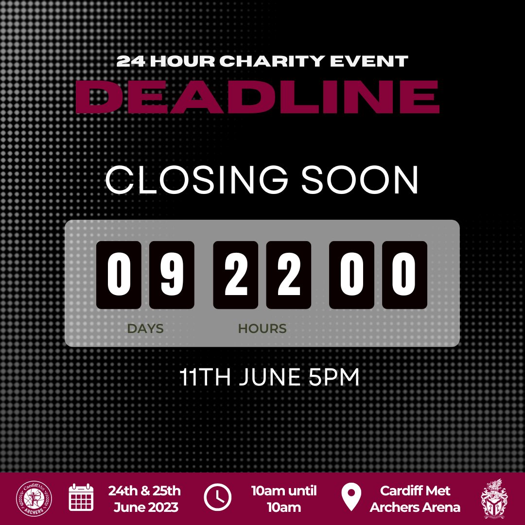 24-HOUR GAME REGISTRATION DEADLINE

Be sure to register your details to secure a t-shirt.

Use the link the sign up⤵️
rb.gy/osk1m

JustGiving⤵️
rb.gy/pt3ji

Help us support these 2 great charities. 

#Archers24hr23 #ArchersFamily #AmdaniArchers