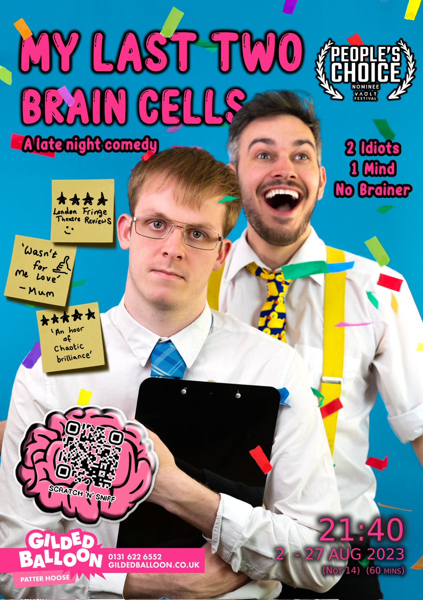 Our official poster is here!

#Quickflyer #GB2023 #edfringe #edinburgh #edinburghfringe #mylast2braincells #comedy #gildedballoon #sketchcomedy #fringeshow #fringefestival #fringetheatre @Gildedballoon @edfringe