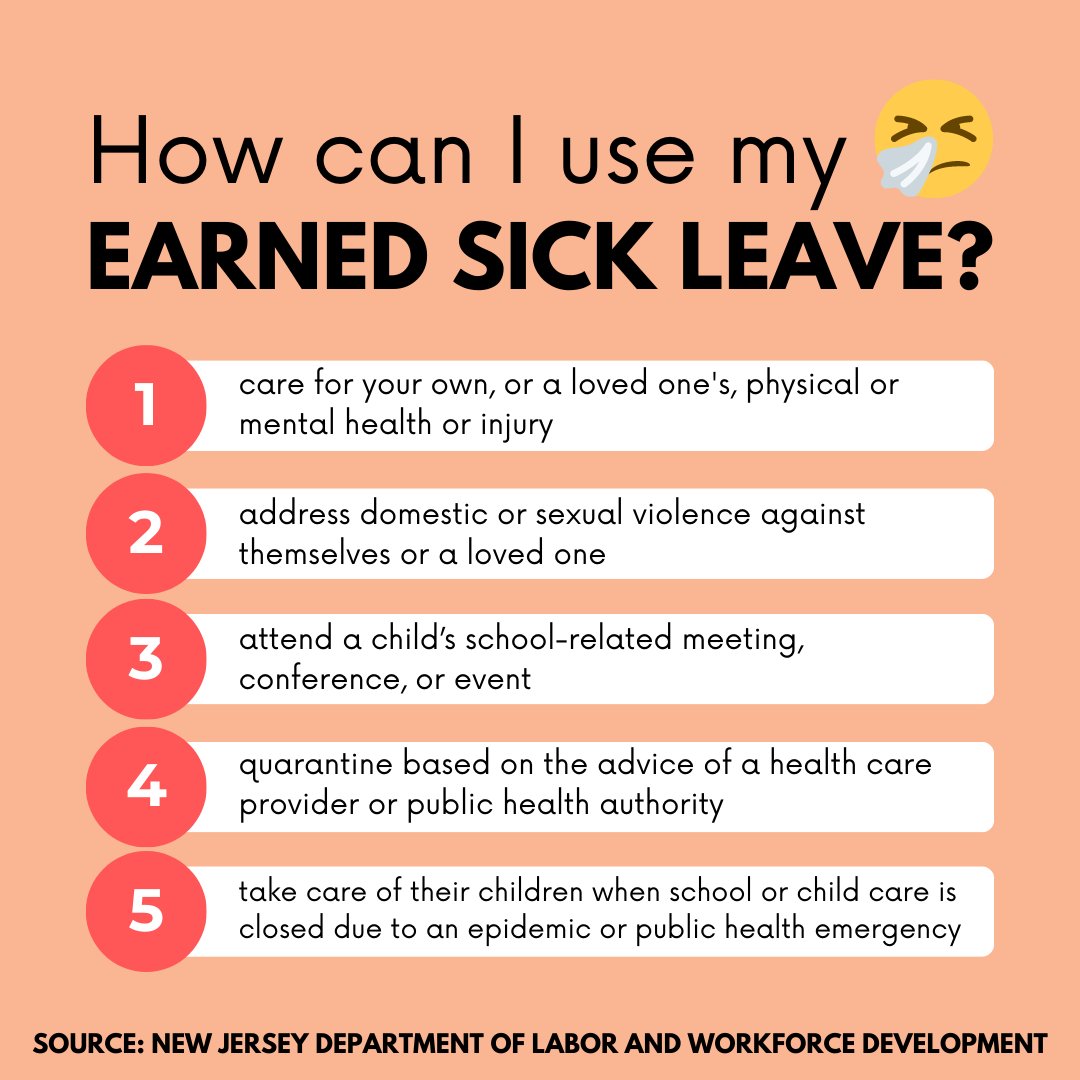 These are five ways in which you can use your paid sick time! 

#newjersey #nuevajersey #nonprofitorganization #community #workrights #rights #employer #laborrights #sickleave #socialservices #resources