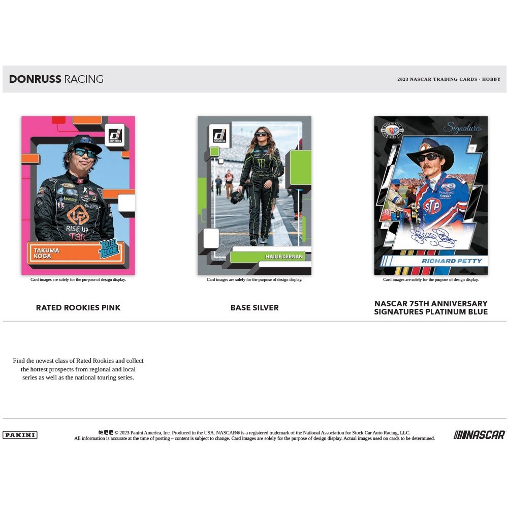 2023 Panini Donruss Racing Hobby Box

Product Highlight:
Find 24 silver or #’d parallels, 24 optic cards, 1 autograph, and 2 memorabilia cards per box on average.
Release Date: 6/2/23
#nascar #racing #nascarracing #f #nascarcupseries #nascardiecast #nascarheat #racecar #daytona