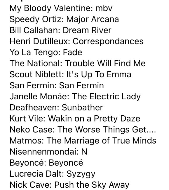 @RichardS7370 A late surge by Julia Holter shook things up a bit, joining the longtime favorites in my #5albums13.

1) Blood Orange: Cupid Deluxe
2) Boards of Canada: Tomorrow's Harvest 
3) Juana Molina: Wed 21
4) Julia Holter: Loud City Song
5) Superchunk: I Hate Music

17 more for the HM’s: