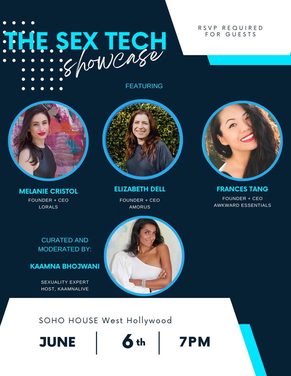 Excited to hear Lorals founder <a href="/MelCristol/">Melanie Cristol</a> speak alongside <a href="/lafrancesdances/">Frances Tang</a> and <a href="/ElizabethDell/">ElizabethDell</a>  at the Sex Tech Showcase next week! 

Thanks so much to Kaamna Bhojwani for organizing and hosting such a fantastic event!       

<a href="/awkessentials/">Awkward Essentials</a>  <a href="/amorusapp/">Amorus App</a>