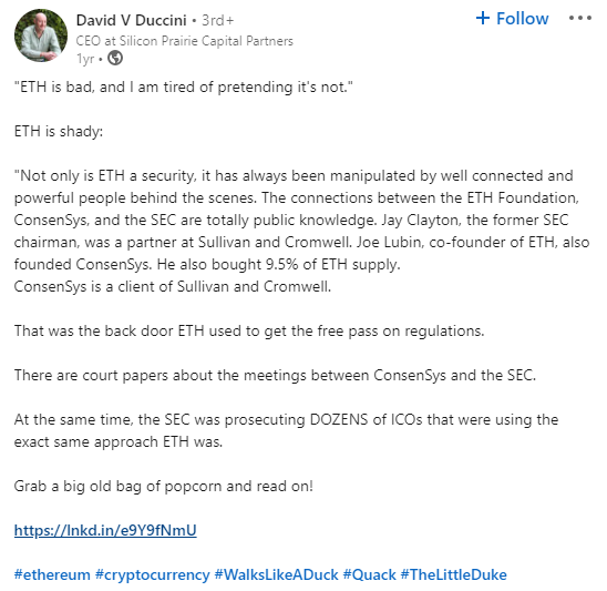 NerdNationUnbox's tweet photo. Holy moly @TheLittleDuke CEO of Silicone Prairie Capital Partners with the scathing take of #ETH, #Consensys, #SEC, #ETHFreePass
must read! https://t.co/vUDqxp1c7z