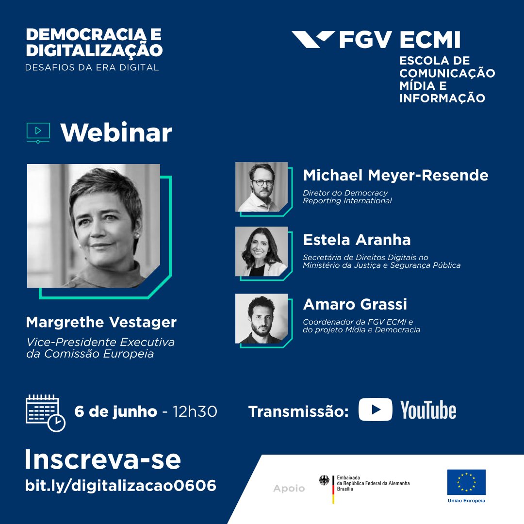 O evento Democracia e Digitalização, na próxima terça-feira, terá uma segunda mesa, em formato webinar, às 12h30. Teremos o prazer de receber Margrethe <a href="/vestager/">Margrethe Vestager</a>, Vice-Presidente Executiva da Comissão Europeia. 🎯 Inscreva-se: bit.ly/digitalizacao0…