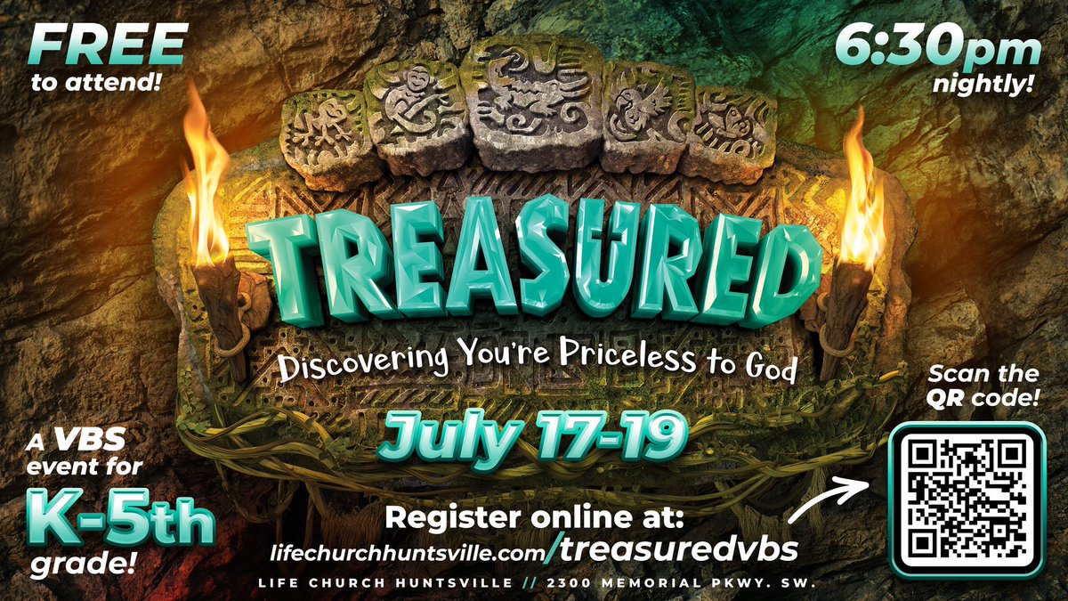 🔦 Registration for our Treasured Vacation Bible School is NOW OPEN! Our Life Kids crew has an amazing 3 days planned for your kids full of adventure, fun, and inspiration! To register your child or to sign up to serve, please visit lifechurchhuntsville.com/treasuredvbs