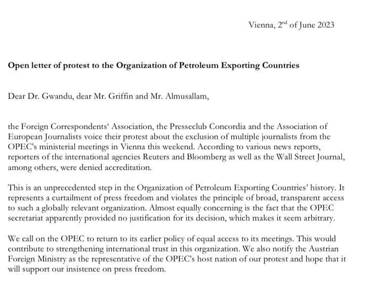 Gemeinsam mit dem Verband der Auslandspresse und der Association of European Journalists fordern wir den freien Zugang von Journalisten zum OPEC Ministertreffen dieses Wochenende in Wien. Betroffen sind ua. Kollegen von Reuters, WaPo und Bloomberg.