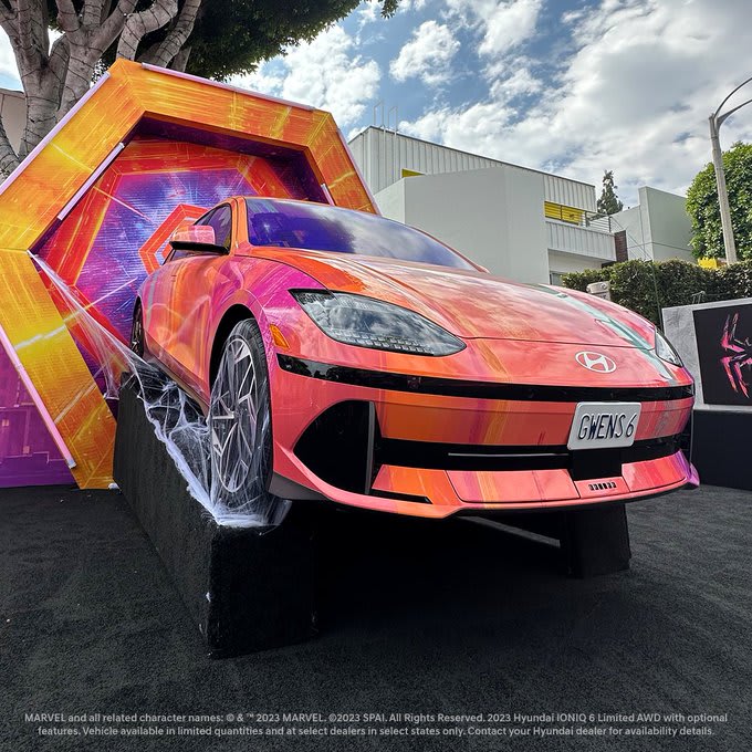 Give it up for the first-ever #IONIQ6 red carpet portal entrance! Go see #SpidermanAcrosstheSpiderVerse in theaters Friday, June 2nd.