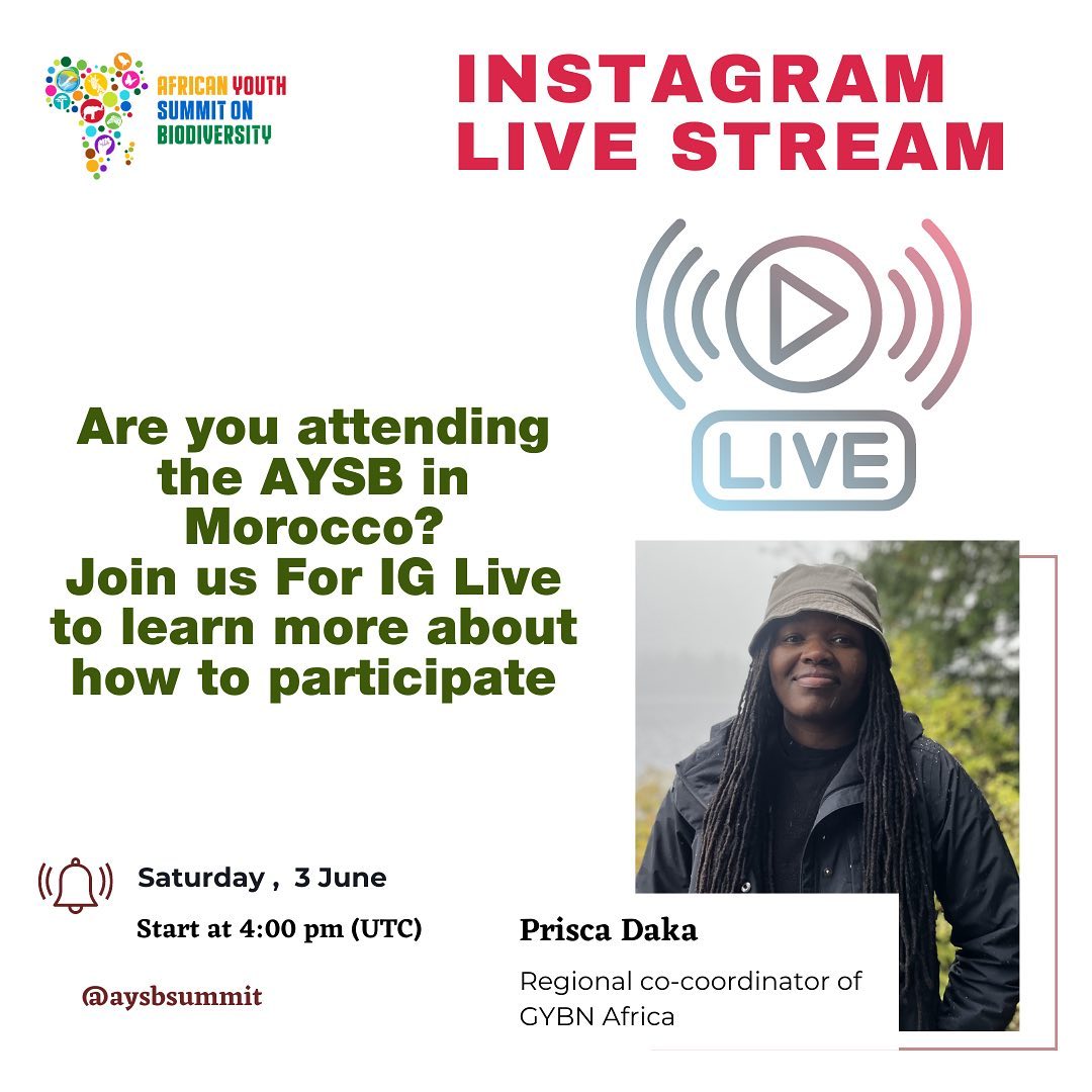 Join Fatima El-aaraby  &amp; <a href="/prisca_daka/">prisca</a>  for an inspiring Instagram Live session on the upcoming 2nd <a href="/aysbsummit/">African Youth Summit on Biodiversity</a>  themed #FromAwarenessToAction: Empowering Youth for Biodiversity Conservation 🎉✨

📍instagram.com/aysbsummit/
#AYSB2023 #AfricanYouth4Biodiversity 

🌍Tag your 1st @