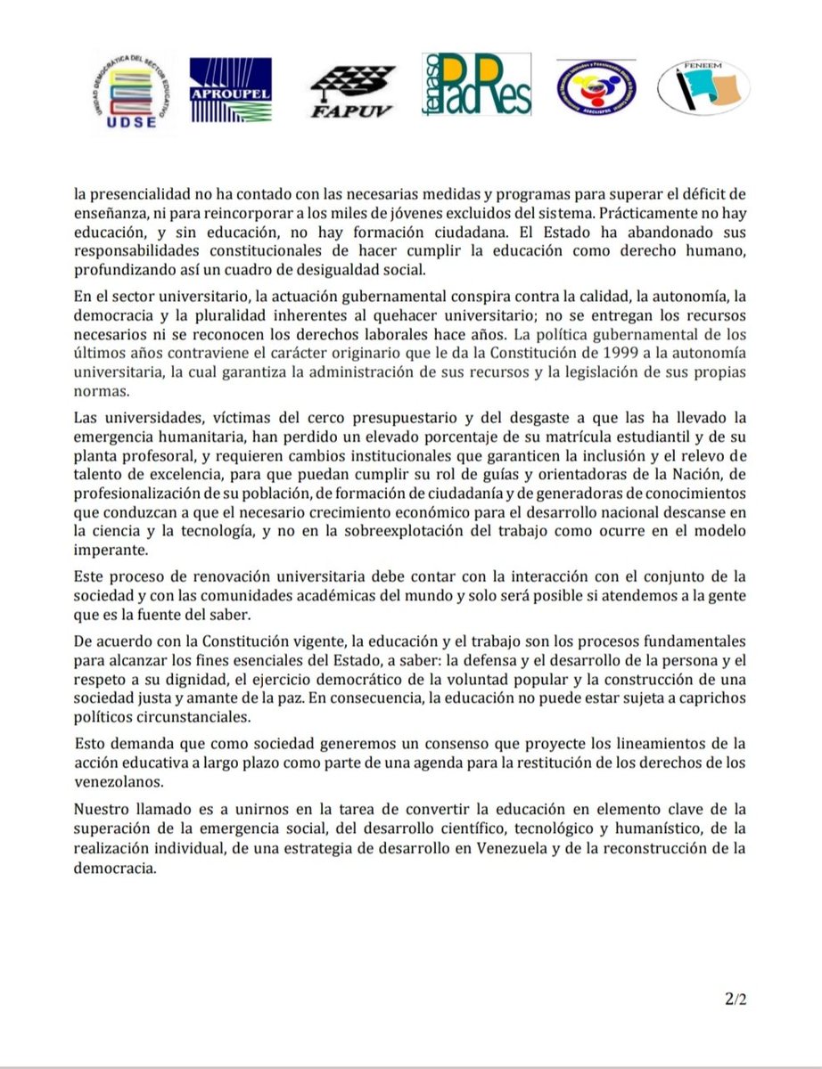 fvmluchaonline's tweet photo. #Manifiesto Luchamos por una Educación Democrática:"Esto demanda que como sociedad generemos un consenso que proyecte los lineamientos de la acción educativa a largo plazo como parte de una agenda para la restitución de los derechos de los venezolanos. El llamado es a unirnos..." https://t.co/kv4cQ1P4FF