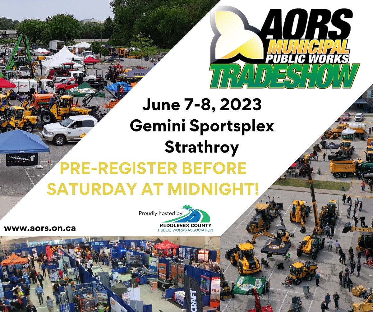 AORS_Official's tweet photo. Don’t forget to pre-register for the 2023 AORS Municipal Public Works Trade Show here: https://t.co/j3WtHFyAcu by Saturday June 3rd at 11:59PM!
You will be eligible to enter into the daily door prize draws – only visitors who pre-register can win! https://t.co/iIAPSJ4rQn