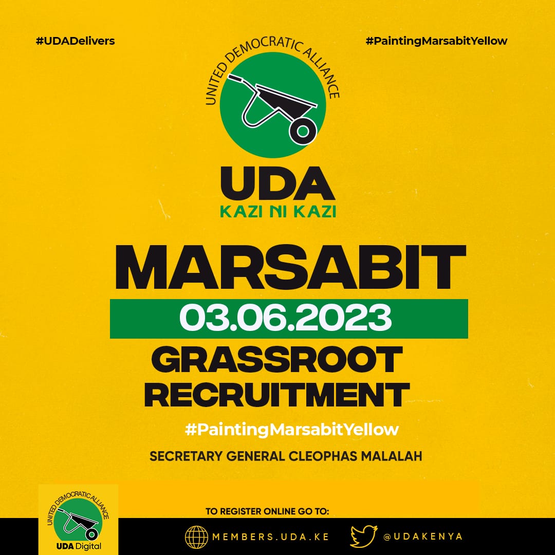 Tomorrow, Saturday, 3rd June 2023, all roads lead to Marsabit County to ensure she sheds her coat of many colours for a brand new yellow coat. 
The UDA brigade, led by SG @Cleophasmalala will be there for an intensive ground activation exercise

#UDAdelivers
#KaziNiKazi