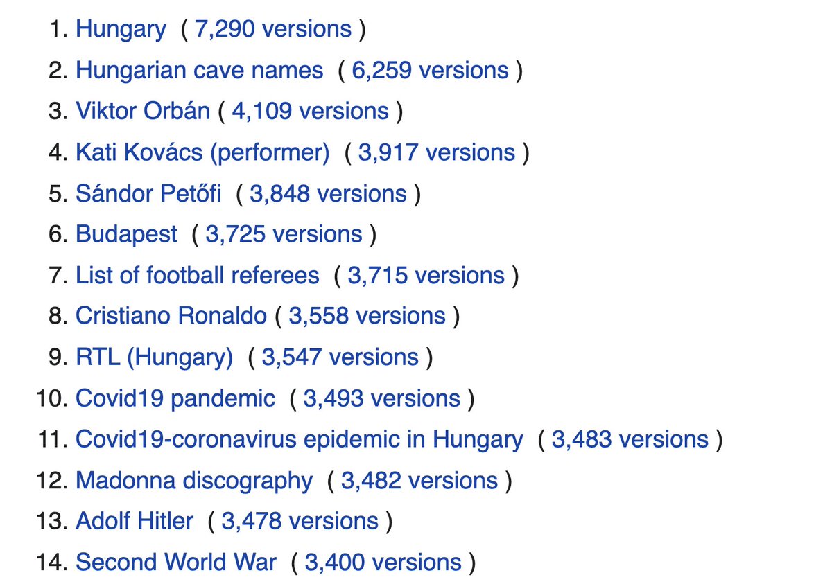 Losing my mind at the list of most-edited articles in Hungarian Wikipedia. Most of them make sense but then you realize that an alphabetical list of caves is in second place, beating out the longtime Prime Minister! And "Madonna discography" is number TWELVE!