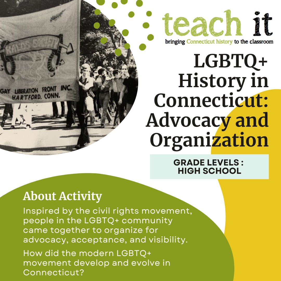 Looking for some great #LGBTQHistory to help teach during #PrideMonth? Look no further! This activity for high schoolers traces the history of advocacy & organization of the LGBTQ+ community in Connecticut. Check it out: teachitct.org/lessons/lgbtq-… #cthistory #PrideMonth2023