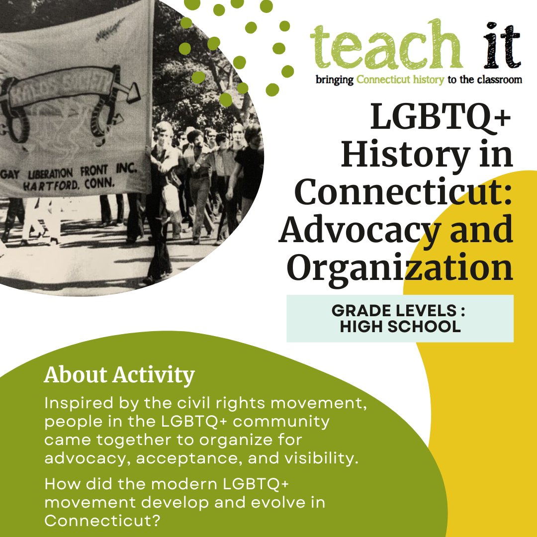 Looking for some great #LGBTQHistory to help teach during #PrideMonth? Look no further!
This activity for high schoolers traces the history of advocacy &amp; organization of the LGBTQ+ community in Connecticut. 
Check it out: teachitct.org/lessons/lgbtq-…

#cthistory #PrideMonth2023
