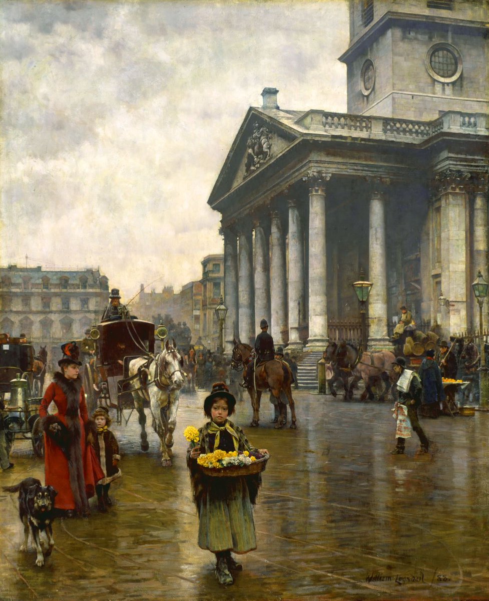 St Martin-in-the-Fields (1888) by William Logsdail (English artist, lived 1859-1944). A young flower seller outside the church of St Martin-in-the-Fields in #TrafalgarSquare #London. Tate Gallery.