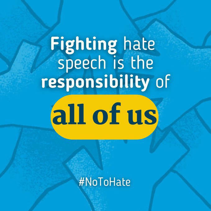 UN's tweet photo. Each of us can take action &amp; say #NoToHate:

✅ Fact-check

✅ Challenge hate by sharing messages of tolerance

✅ Support people targeted by hate speech

✅ Report hate speech on social platforms

Share this &amp; help make your social feeds a no hate zone!  https://t.co/6RpYCWxwQ7 https://t.co/Ys4m9yiePv