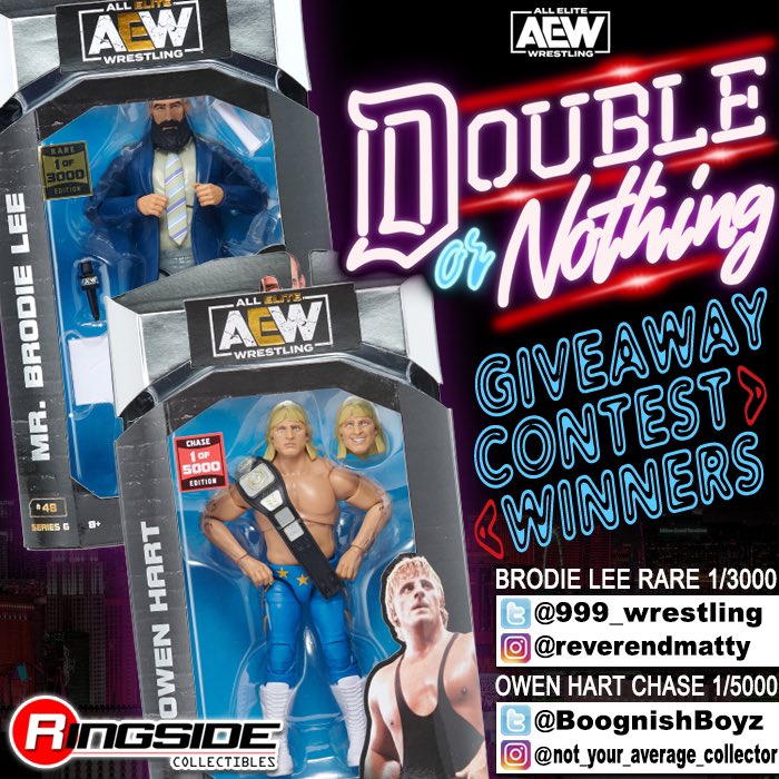 RingsideC's tweet photo. Congrats to the winners of our #AEWDON Giveaway Contest! Prizes were an #AEWUnmatched Series 6 Chase 1/5000 Owen Hart or a Rare 1/3000 Brodie Lee!

Thank you to everyone who took the time to enter and share their pics with us! #RSCDON 

Shop #Jazwares #AEW Figures at https://t.co/iYSEhYn0qL

***YOU WILL ONLY EVER BE CONTACTED BY THIS ACCOUNT***
If any other account poses to be us and asks you for any information please report and block them! We will never ask you for payment information or to click any links!

#RingsideCollectibles #WrestlingFigures #AllEliteWrestling #AEWRampage #AEWDynamite #OwenHart #BrodieLee