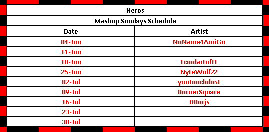 FreemeMark's tweet photo. Heroes - Mashup Sundays Schedule

To artists wanting to partake in this venture you can contact me in the telegram group.
TG: https://t.co/m82ePFt86B

@BorjsDavin @AMiGOs2Space1 @NyteWolf22 @simpletonwax @BurnerSquare @zacharianin

#WAX #WAXFAM #WAXNFT https://t.co/XrBq68GjhH
