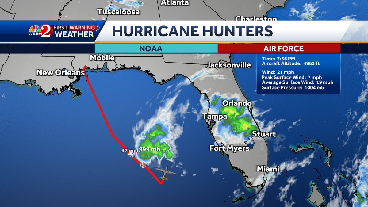TMainolfiWESH's tweet photo. Evening recon mission from #AF303 showing that the pressure on #Arlene is now down to 999 mb with winds in the SW quadrant around 37 mph. It will be interesing to see what they find in the NE side of the storm. Stay with @WESH for updates. #weshwx https://t.co/WRQSkeNcV5