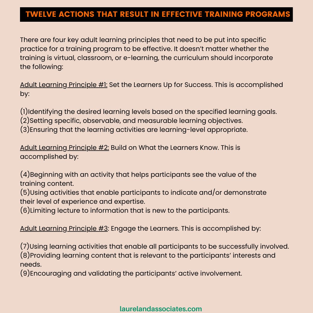 DeborahSLaurel's tweet image. What other adult learning principles or training actions would you add?

#Learning #Training #AdultLearningPrinciples #CurriculumDesign #LaurelAndAssociates