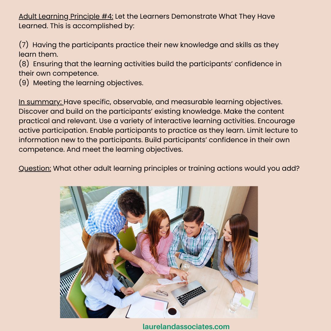 DeborahSLaurel's tweet image. What other adult learning principles or training actions would you add?

#Learning #Training #AdultLearningPrinciples #CurriculumDesign #LaurelAndAssociates