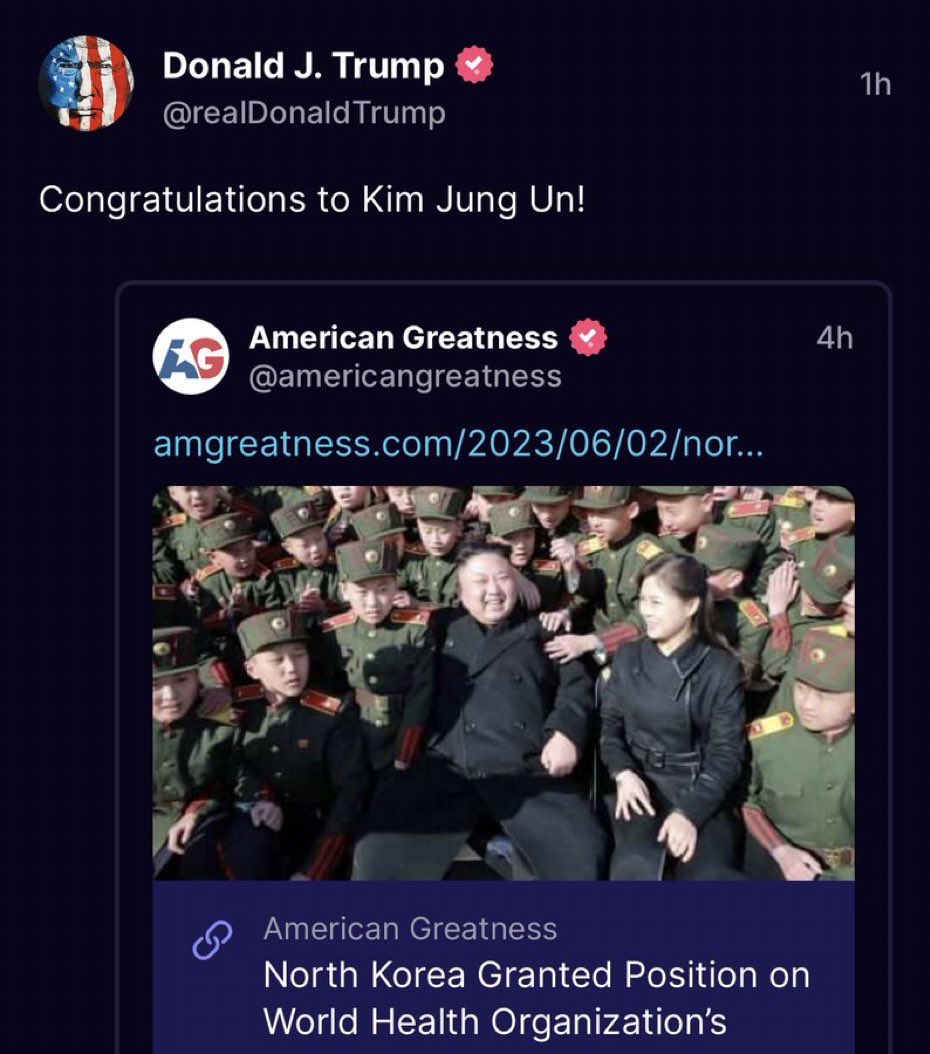 I don't know about you, but I don't want someone back in office who openly praises our enemies. Kim Jong Un starves his people and jails 2-year-olds over bibles.

Shame.