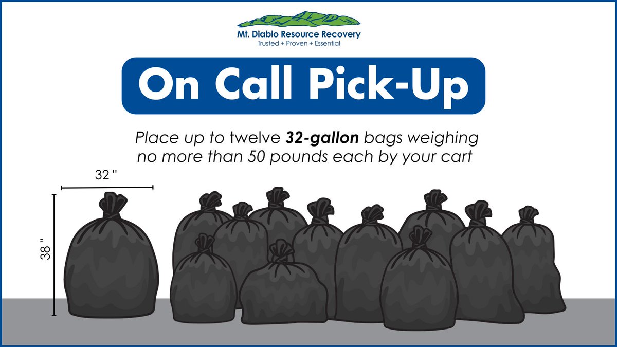mtdiabloresrec's tweet photo. Remember that your service includes On-Call Pickups at no additional charge!  As a friendly reminder, please ensure the bags are no larger than 32 gallons. For more info, visit https://t.co/DibW1A43rX #extraservices #oncall #pickup https://t.co/OPORa24E7v