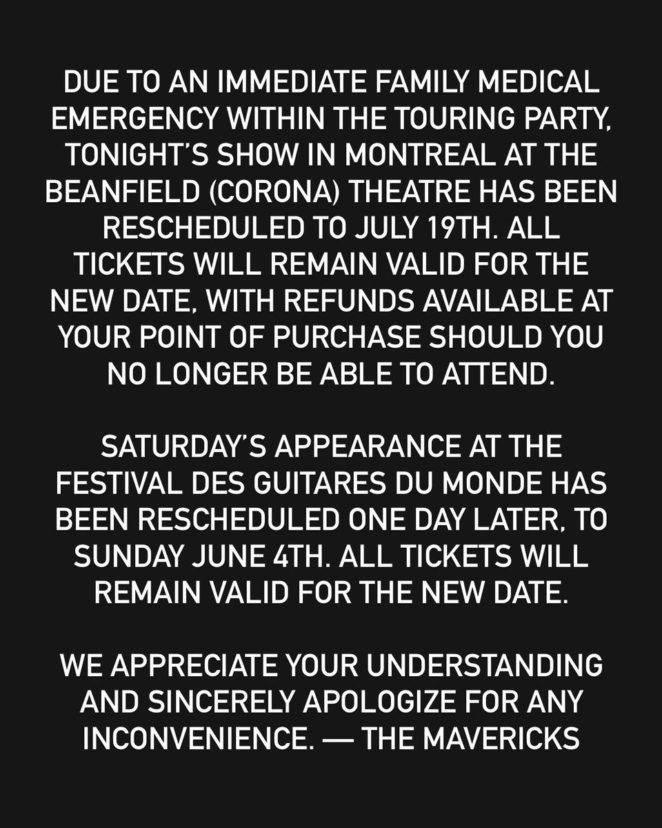 Please read regarding tonight’s show in Montreal and Saturday’s show in Rouyn-Noranda 👇

We’re very sorry for any inconvenience and hope to see you on Sunday at the festival and July 19th in Montreal.