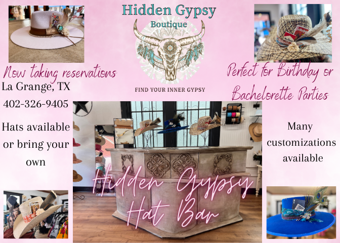 We are open and taking reservations for our hat bar!! Get a new hat or give your hat a new look. We have several options available for you. Birthday parties and bachelorette parties welcome!
#LaGrange #hatbar #customhats #hatsoftexas #newboutiqueintown #texasboutique