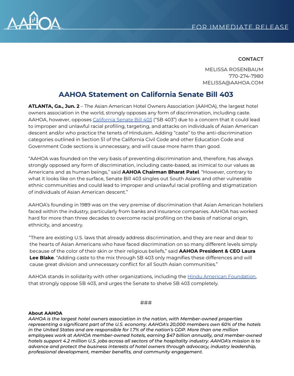 HinduAmerican's tweet photo. #Breaking | The largest hotel owners association in America representing 20,000 members &amp; 50% of US hotels, @AAHOA, releases statement as to why they #SayNoToSB403!

#SB403 forced “unlawful racial profiling and stigmatization of individuals of Asian American descent”—AAHOA chair. https://t.co/gg7MoI8fhq