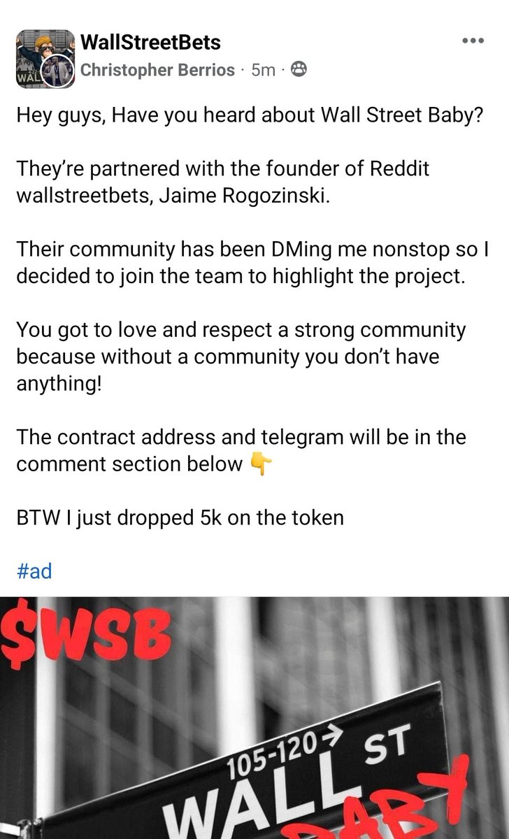 Wall Street Baby just partnered with the Wall Street Bets Facebook group. Last coin to be heavily promoted there was $PEPE Another chess piece in place for the next $DOGE level coin. ✅️ $WSB @WSB_BABY