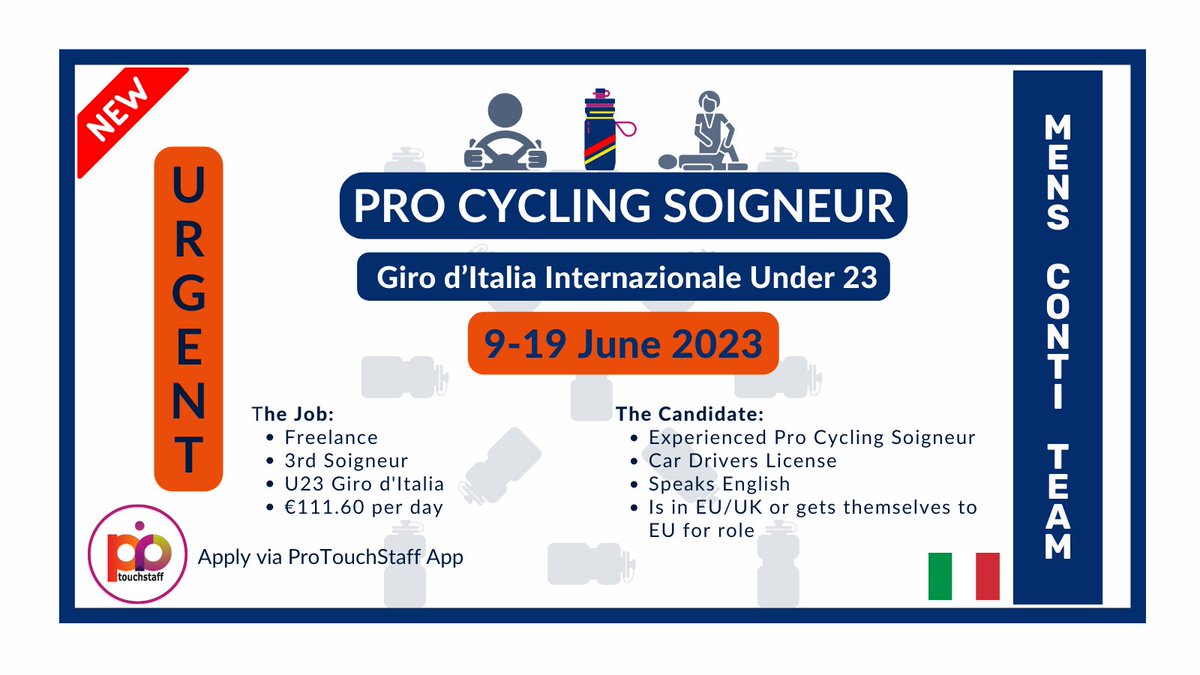 🆕 Hiring a Freelance Pro Cycling Soigneur to work the Baby Giro / Giro d'Italia U23.  Opportunity to join a team as 3rd soigneur.  Experience is required.
Contact with q's 
Applications on the app