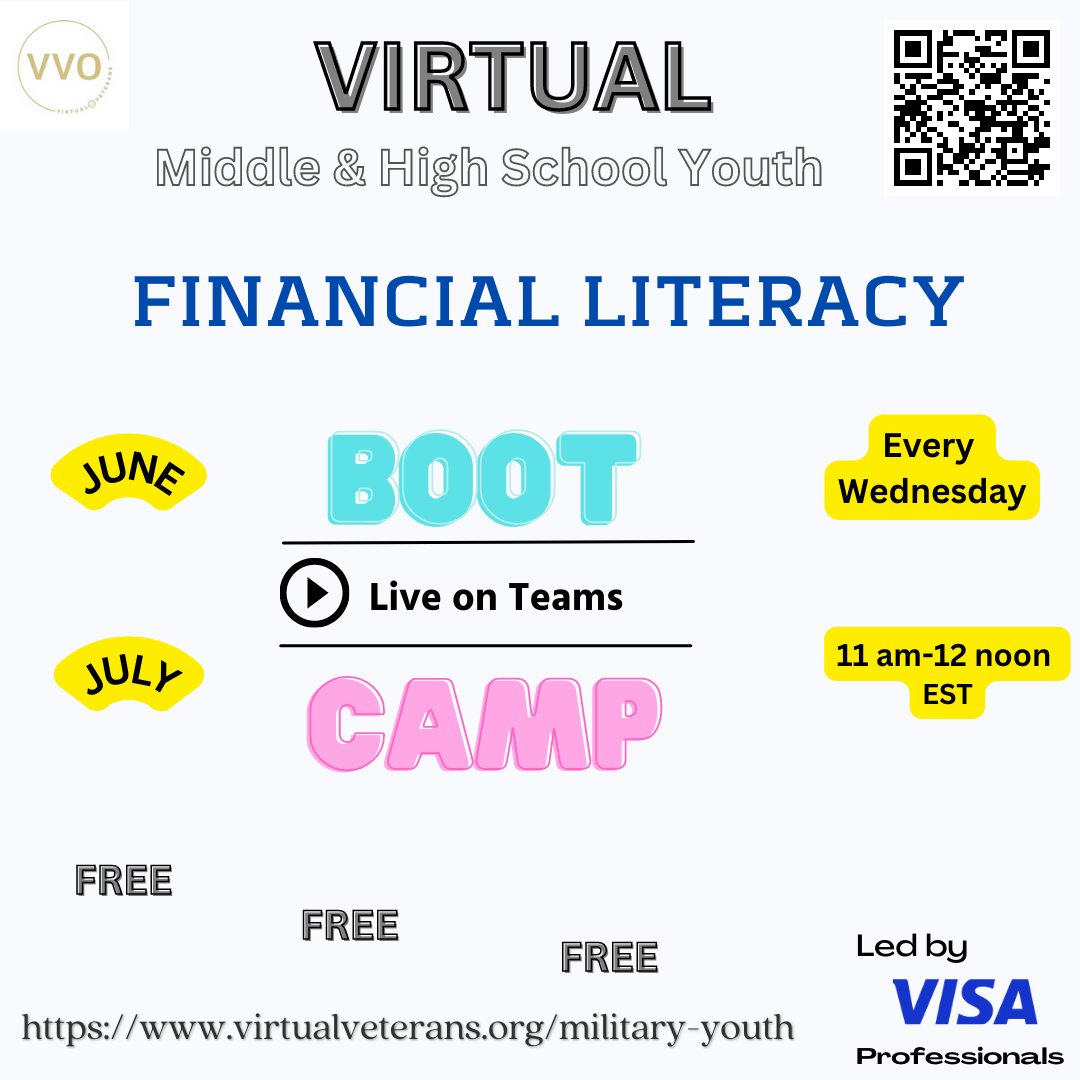 vets_virtual's tweet photo. FREE Financial Literacy Program. Middle &amp; High School Youth. June &amp; July, Wednesdays, 11am-12pm EST. 
https://t.co/lPE76B54iO
https://t.co/Nox6r9nn8n
#virtualcamp#summer2023 #youthprogram #militarybrat #elearning #middle #highschool #freesummerprogram #youthdevelopment https://t.co/7qA5B8rqOx