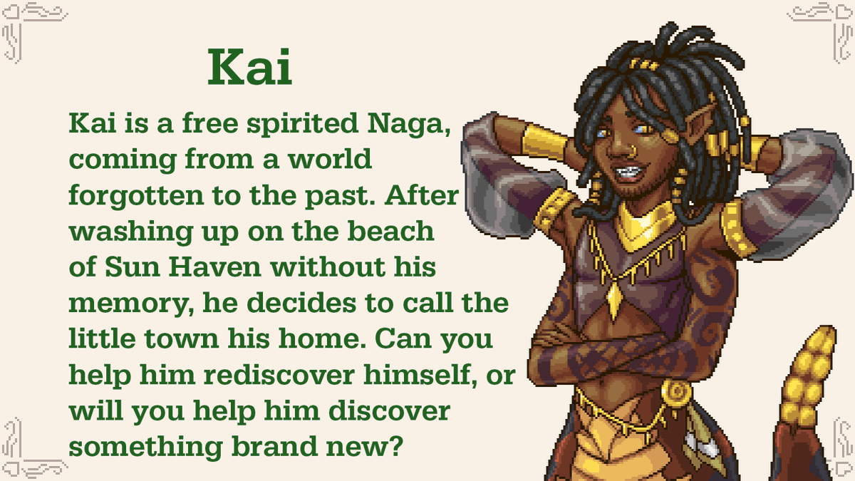 SunHavenRPG's tweet photo. Meet Kai, a Naga who washed ashore with no memories of his past. He could use some extra help rediscovering his past, and a friend like you to start his new life with.🐍❤️

#farmsim #fantasyRPG #indiegames #Steam #pixelart #gamedev #SneakPeek https://t.co/UnlqVfoSAW